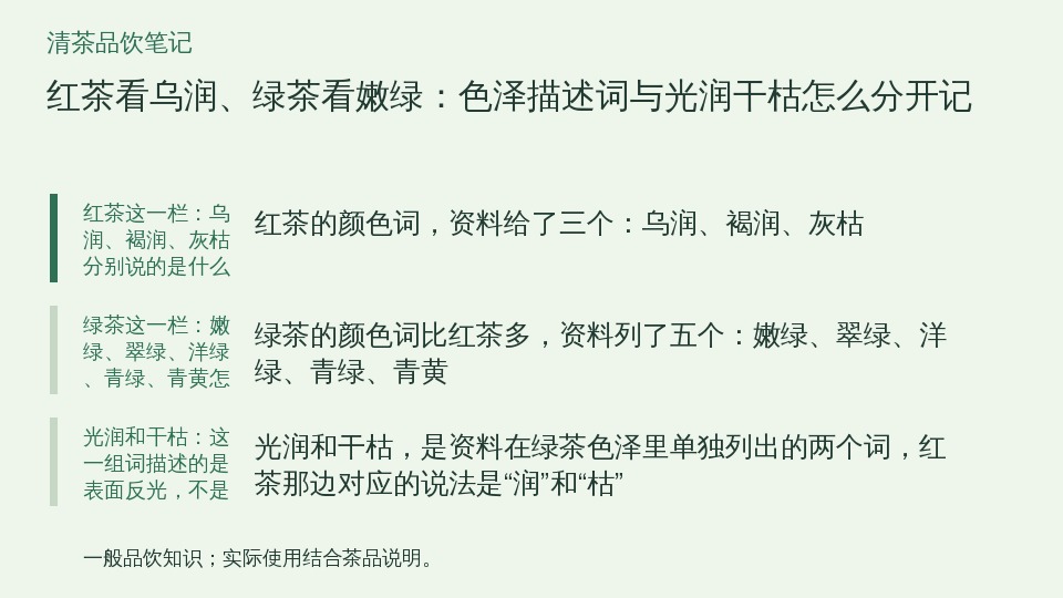 红茶看乌润、绿茶看嫩绿：色泽描述词与光润干枯怎么分开记的知识要点示意图