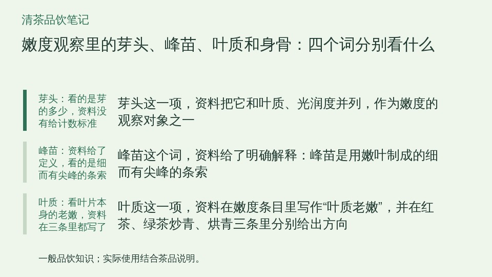 嫩度观察里的芽头、峰苗、叶质和身骨：四个词分别看什么的知识要点示意图