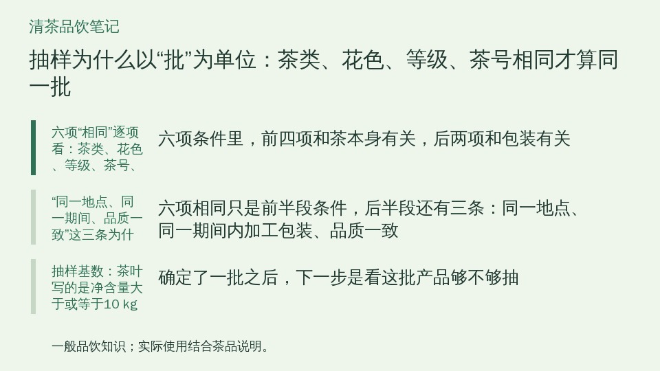 抽样为什么以“批”为单位：茶类、花色、等级、茶号相同才算同一批的知识要点示意图