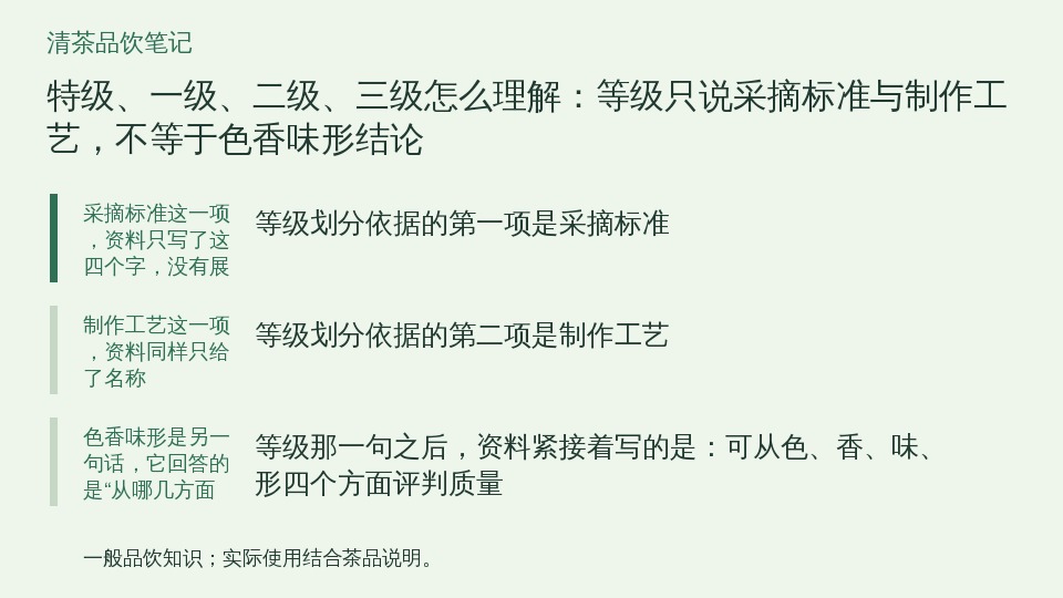 特级、一级、二级、三级怎么理解：等级只说采摘标准与制作工艺，不等于色香味形结论的知识要点示意图