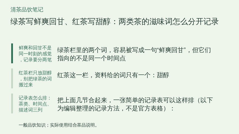 绿茶写鲜爽回甘、红茶写甜醇：两类茶的滋味词怎么分开记录的知识要点示意图