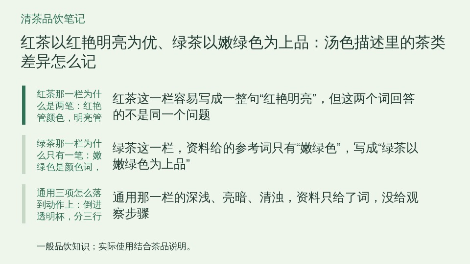 红茶以红艳明亮为优、绿茶以嫩绿色为上品：汤色描述里的茶类差异怎么记的知识要点示意图