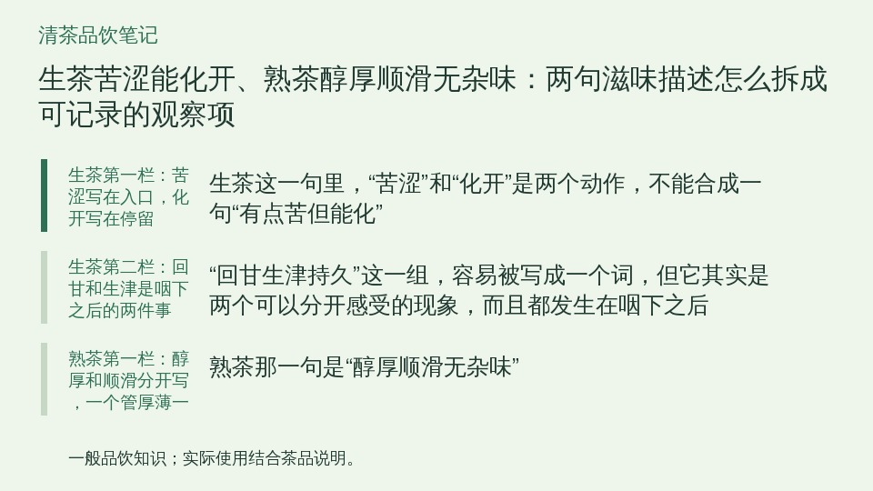 生茶苦涩能化开、熟茶醇厚顺滑无杂味：两句滋味描述怎么拆成可记录的观察项的知识要点示意图
