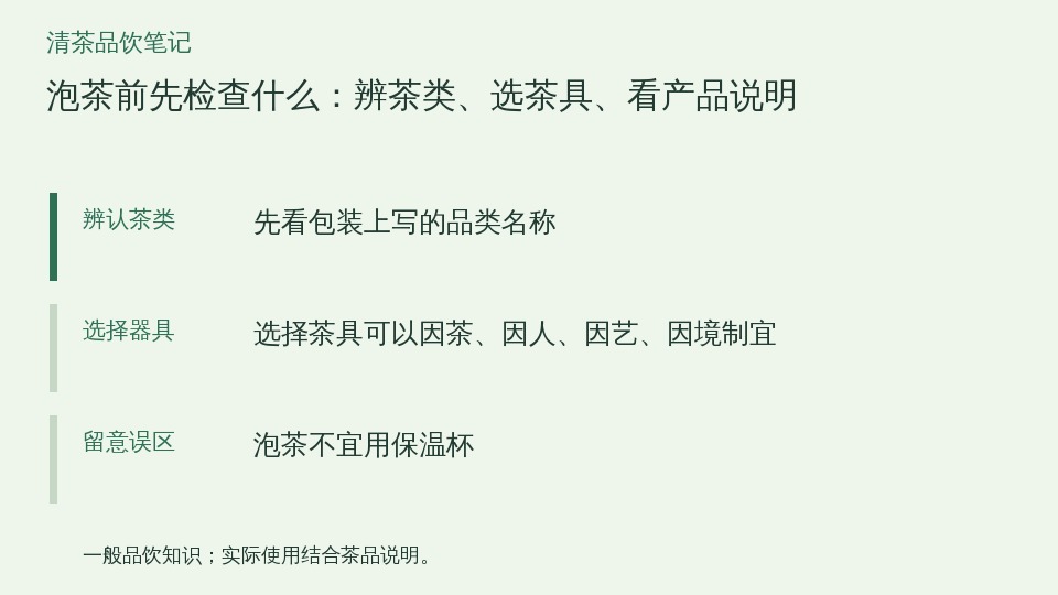 泡茶前先检查什么：辨茶类、选茶具、看产品说明的知识要点示意图