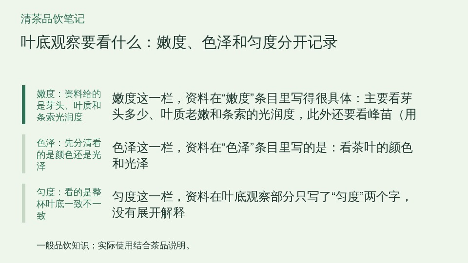 叶底观察要看什么：嫩度、色泽和匀度分开记录的知识要点示意图