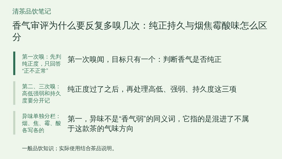 香气审评为什么要反复多嗅几次:纯正持久与烟焦霉酸味怎么区分的知识要点示意图
